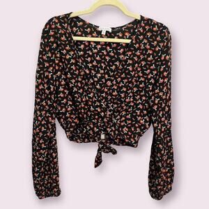 Patrons of Peace Black & Red Floral Wrap Cropped Long Sleeve Blouse Women’s M